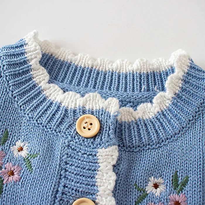 Winter Spring Baby Knitted Clothing Long Sleeved Floral Embroidery Knitting Coat Newborn Baby Girls Knitting Cardigan Sweater (Available)