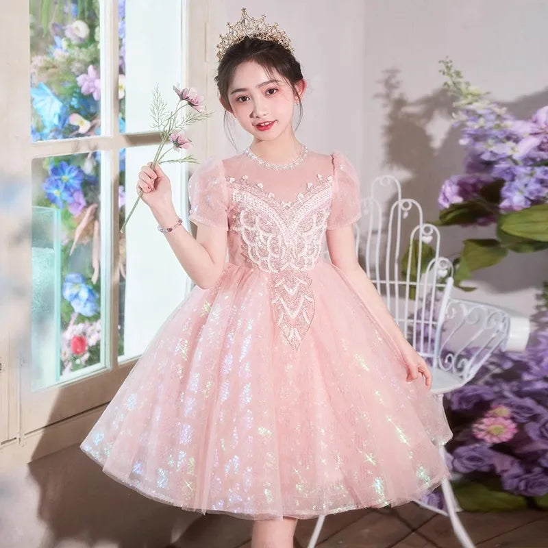 Party Dress Blue Girls Puffy Princess Dresses New Kids Gown Birthday Host Piano Recital Outfit Pageant Performance Formal Wear