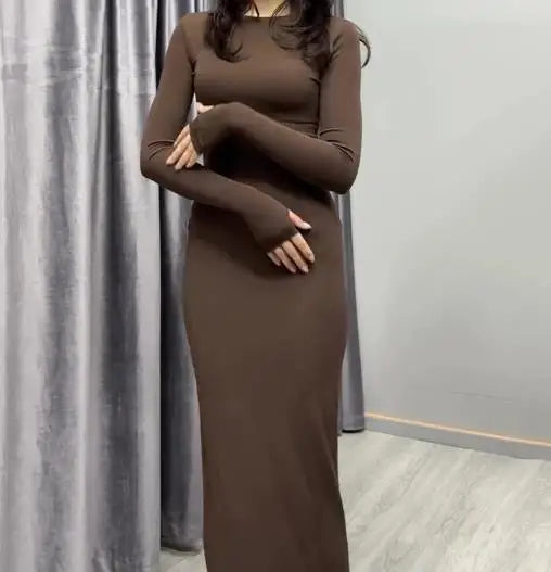 Womens Dresses  Spring Autumn New Fashion Sexy Skinny Hip Hugging Comfortable Solid Color Casual Round Neck Long Dress
