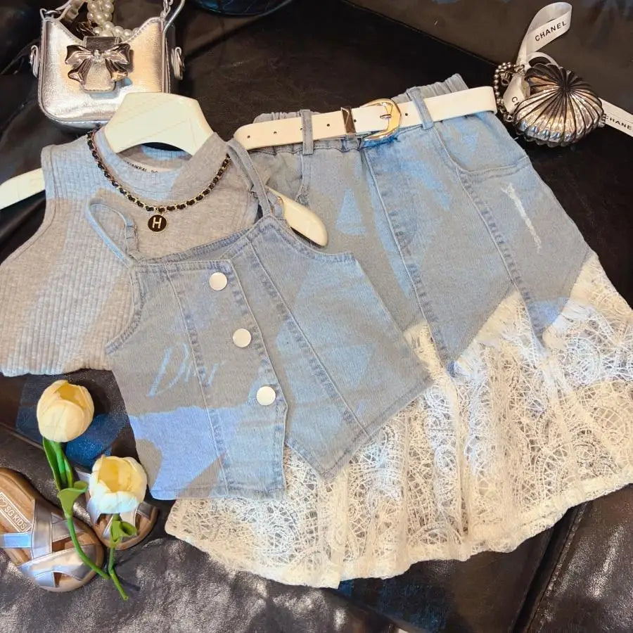 Girls' Summer Clothing Korean Version Denim Skirt New Style Children's Stylish Half Skirt Fashionable Three Piece Set