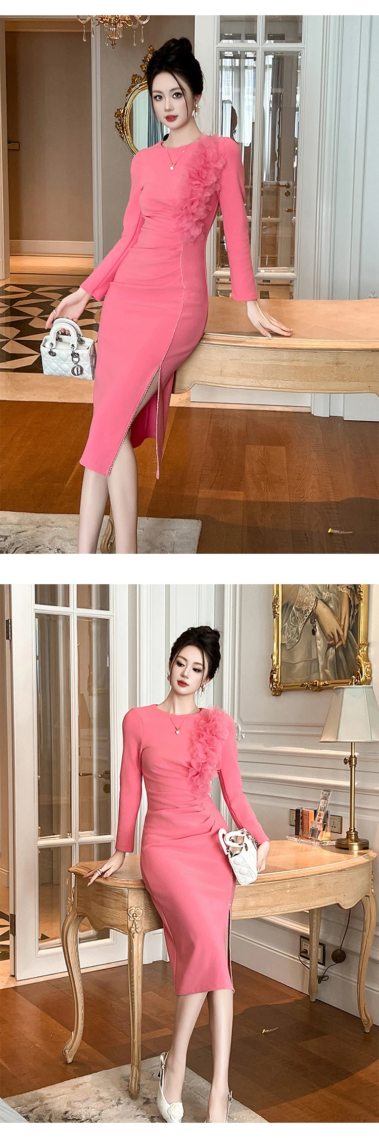 Banquet Evening Dress Women Elegant Style Flower Beading Folds Slit Robe Female Party Prom Vestidos Catwalk Gown