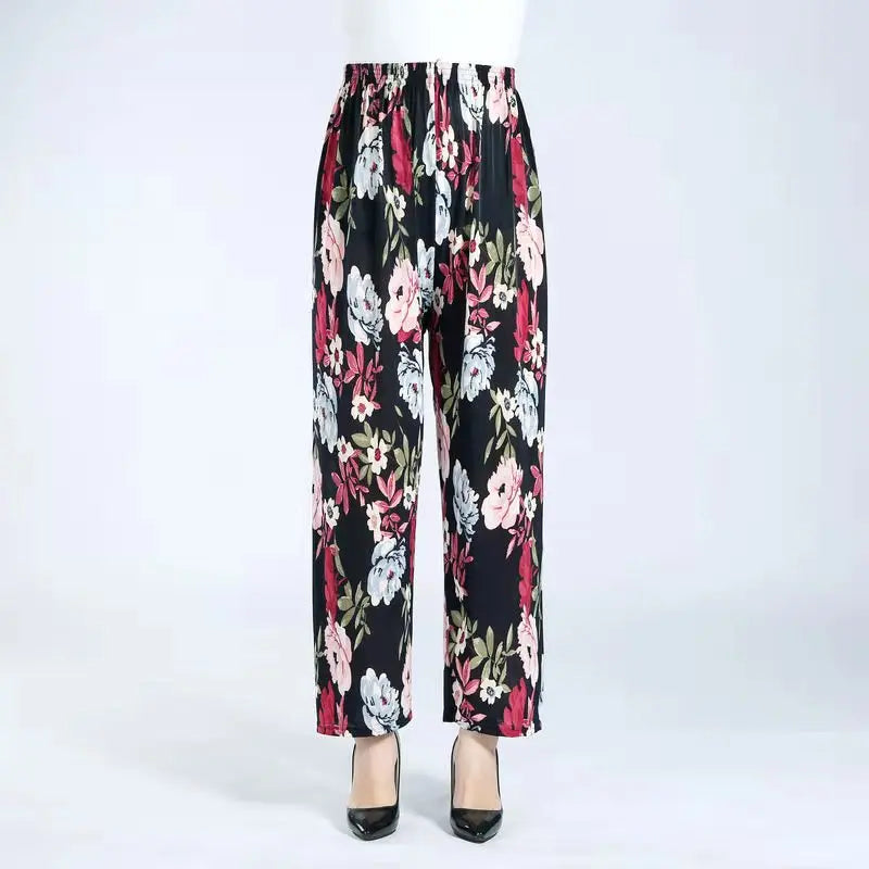 Summer Ladies Ice Silk Loose Casual Home Pants Elastic plus Size Mom Square Sports High Waist Straight Leg Length Nine Points