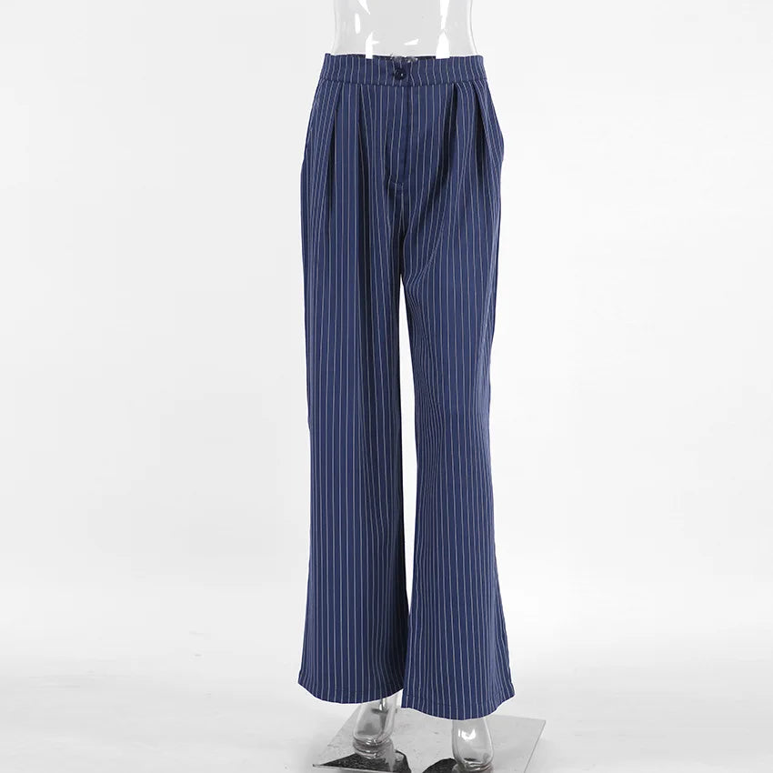 High Waisted Straight Leg Wide Leg Pants For Women's Clothing  Autumn/Winter New Navy Striped Fashionable Casual Pants