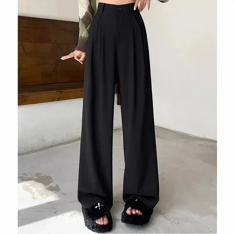 Women Fashion Suit Pants Lady Breathable Baggy High Waist Wide Leg Summer Trousers Lady Straight Leg Black Coffee Classic Pants
