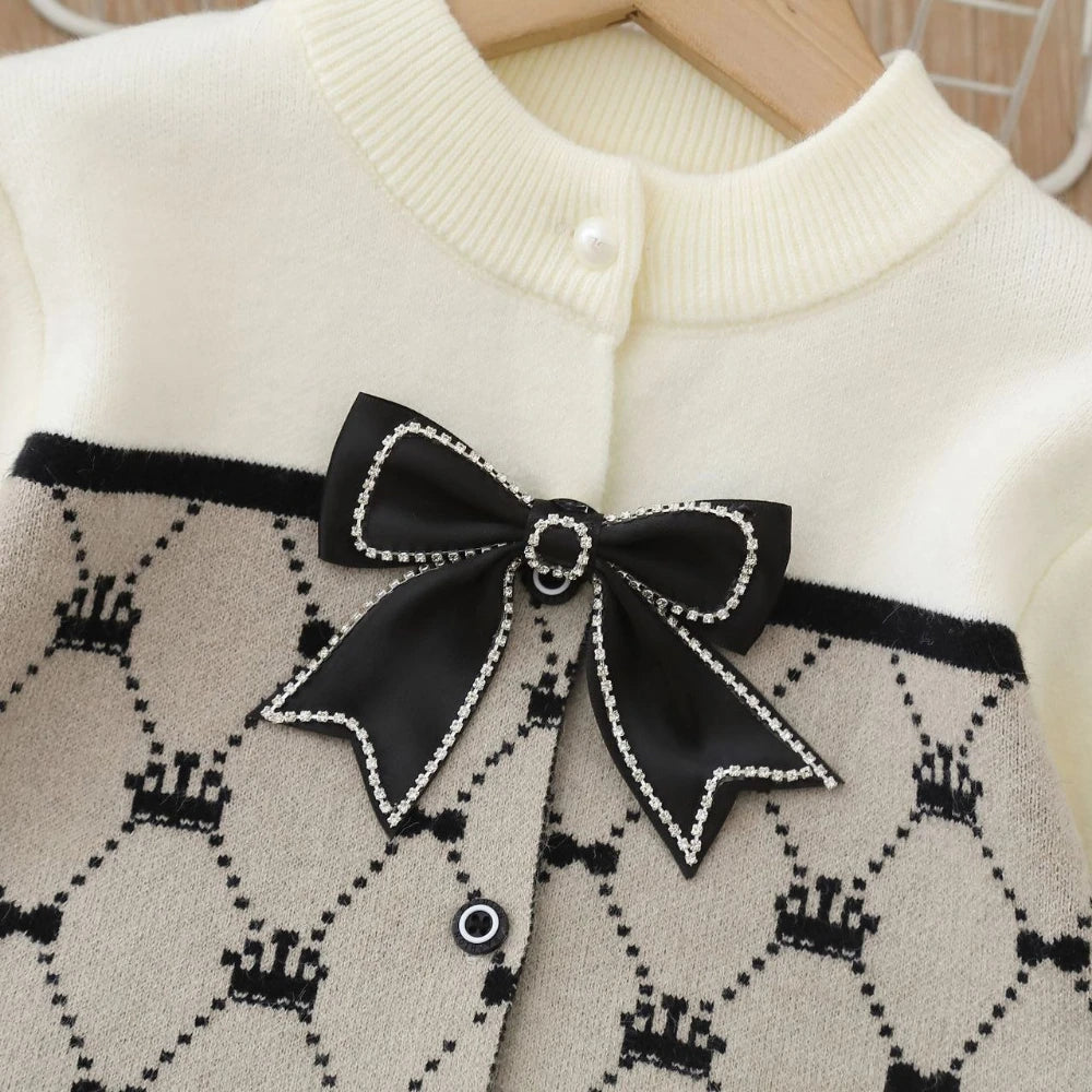 Girl Suits Matching Clothes Set Argyle Knit Cardigan Sweater & Pleated Skirt Bow Preppy Outfit Fall Winter Kids School Clothes
