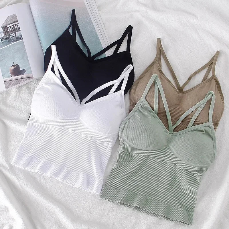 Women's Underwear Seamless Body-fitting Vest Wrapped Detachable Chest Pad Cut Top Elastic Sexy Cross Open Back V-neck Vest Bra
