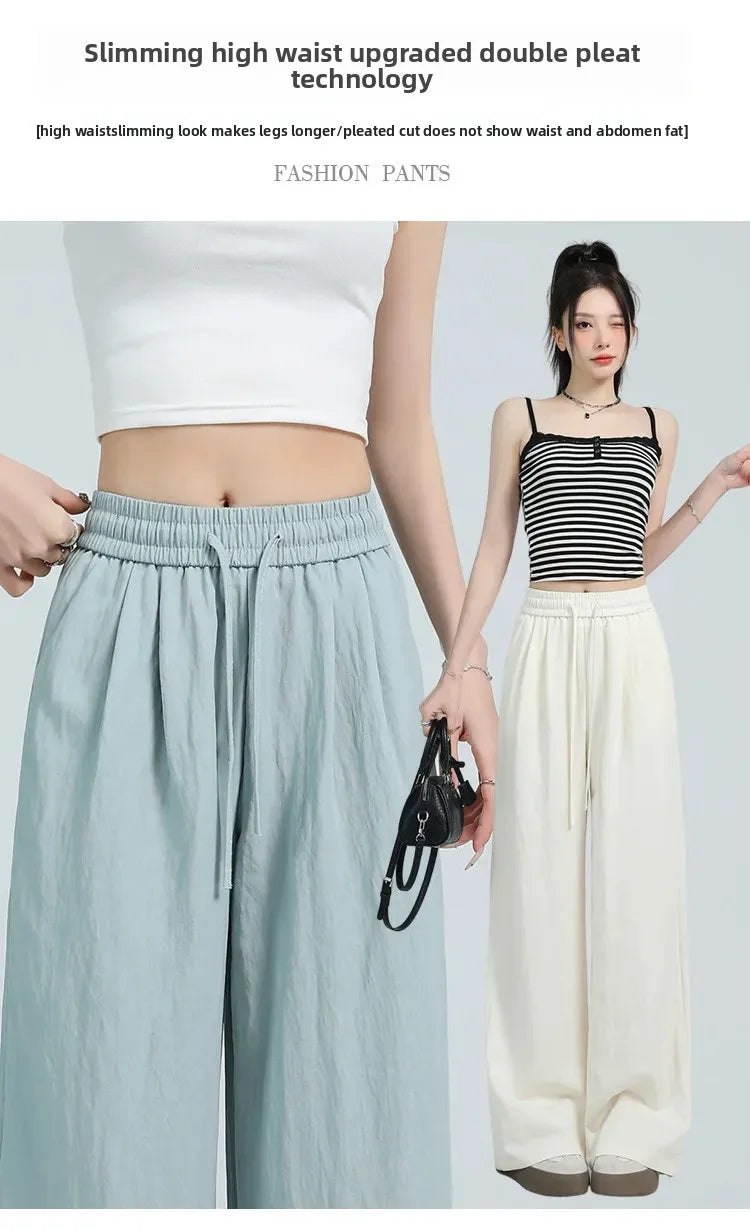 White Ice Silk Wide Leg Pants Women's Summer Thin High Waist Slimming Casual Versatile Elastic Waist Draped Straight Leg Trouser