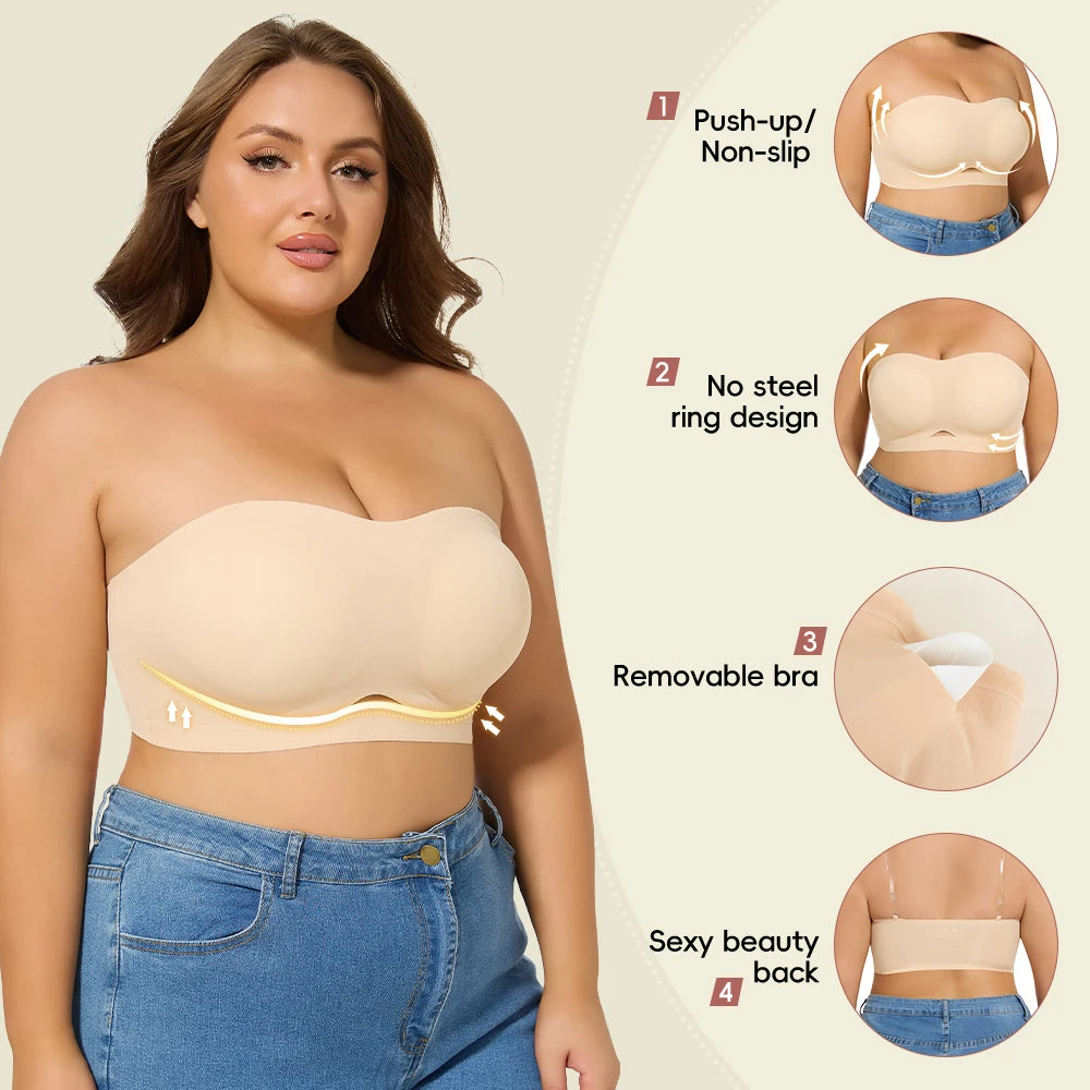 Strapless Bras for Women Lift Bra Wire-Free Anti-Slip Invisible Push Up Seam-free Detachable Straps Bandeau