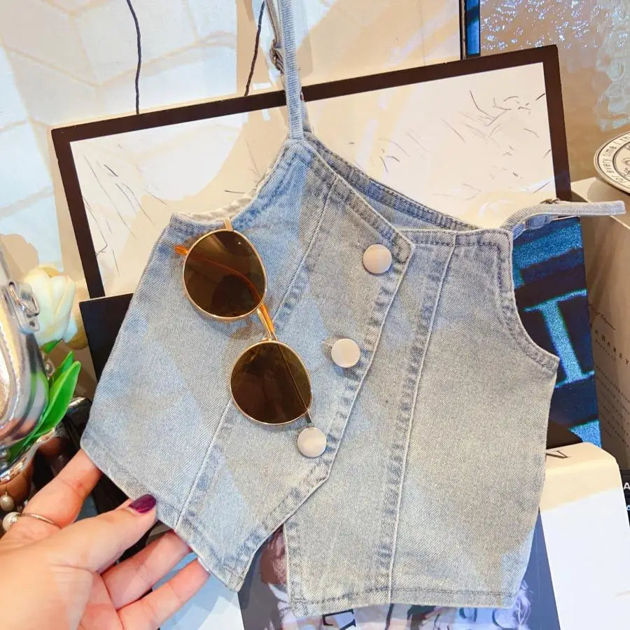 Girls' Summer Clothing Korean Version Denim Skirt New Style Children's Stylish Half Skirt Fashionable Three Piece Set