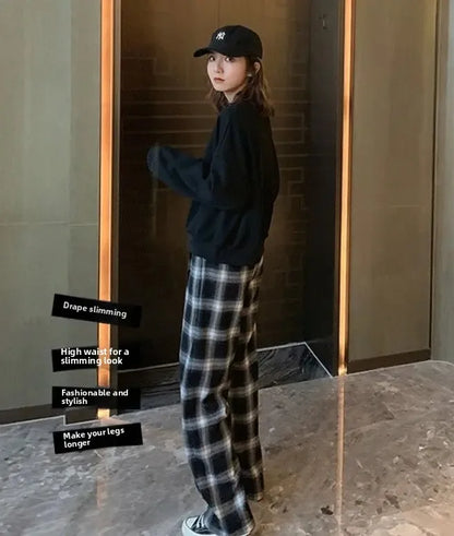High Waist Plaid Wide Leg Pants Women Loose Straight Casual Slimming Spring Autumn New Style Chinese Brand AE Stock