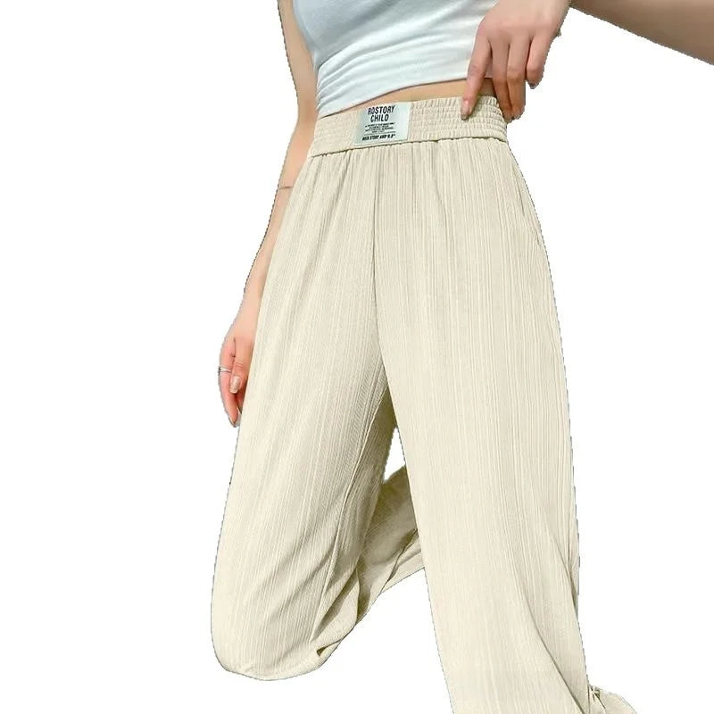 Ice Silk Wide Leg Pants Women's Spring Summer Autumn Thin High Waist Loose Straight Casual Long Trousers Comfortable Polyeste...