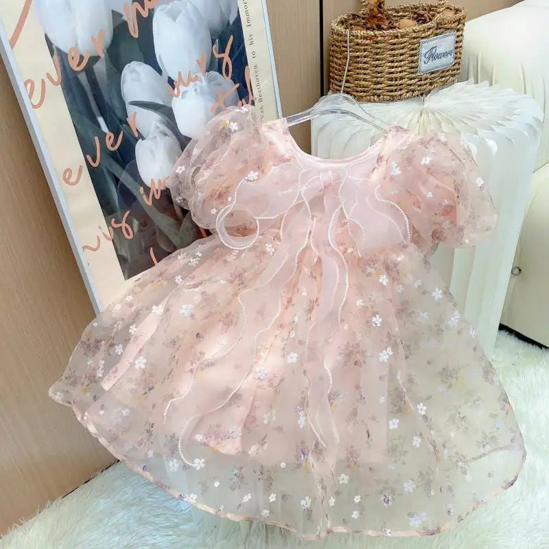 Girls Flower Sweet Gentle Pink Princess Skirt Childrens Ball Gown Puff Sleeve Dress