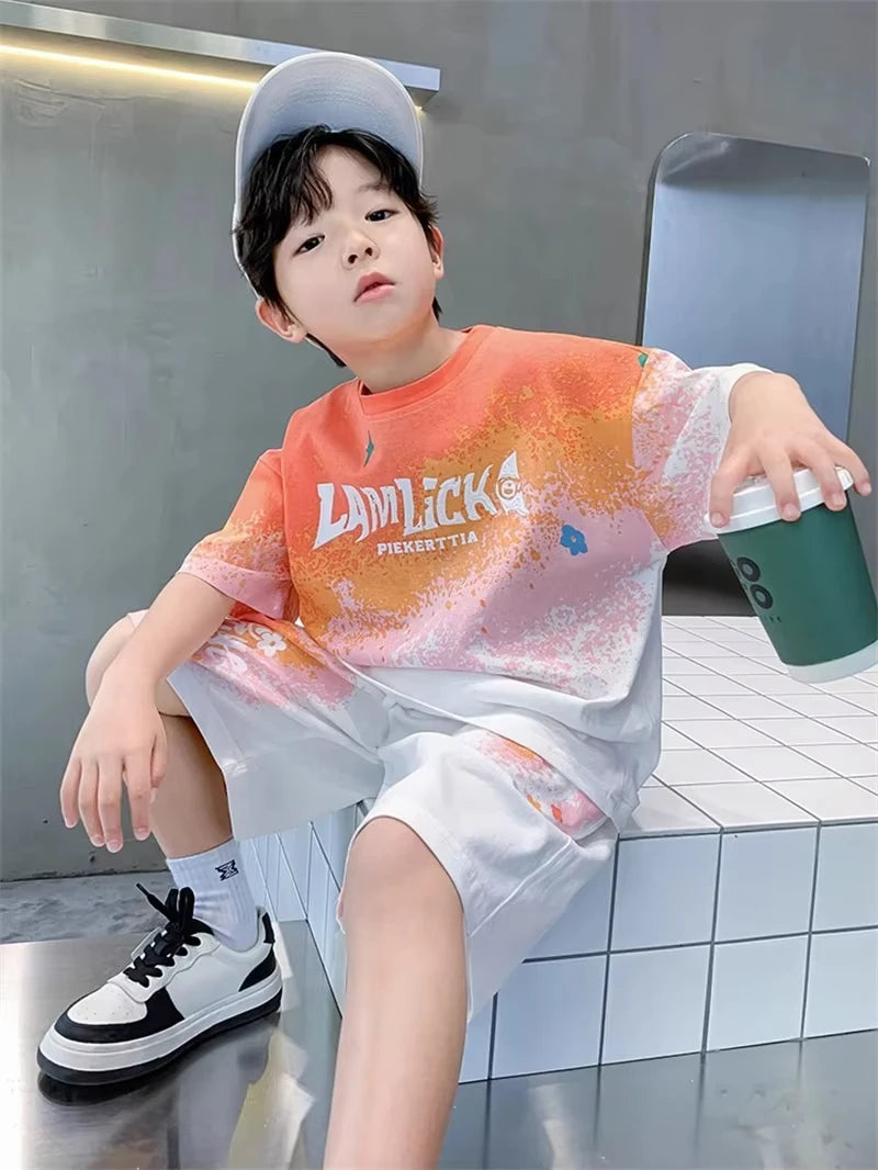 Boys' summer fashion casual sports  T-shirt+pants suitable for boys' hip-hop style fashion clothing set, lightweight and