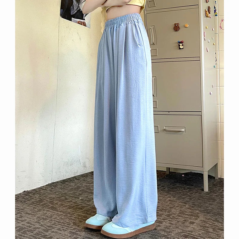 Summer Women Sweet Colorful Ice Silk Pants Lady Baggy Versatile Elastic Straight Leg Trousers Female Wide Leg High Waisted Pants