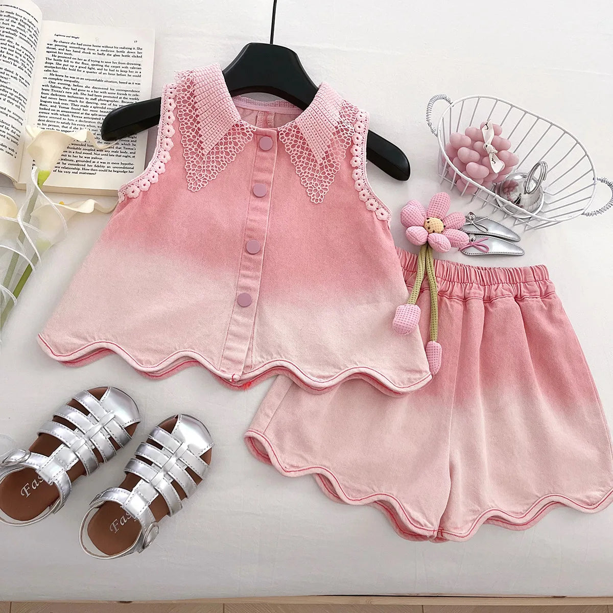 Baby Girls' Denim Suit Summer New Lace Vest Top Shorts Pants Casual and Fashion Kids Outwear Two-piece Set