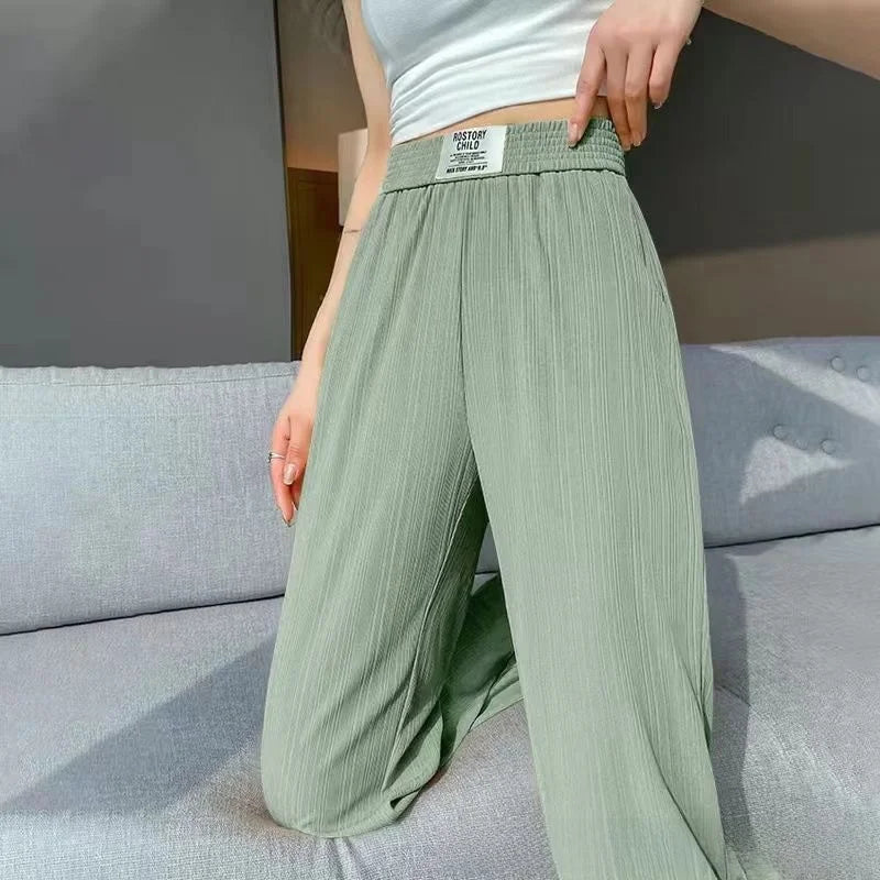 Ice Silk Wide Leg Pants Women's Spring Summer Autumn Thin High Waist Loose Straight Casual Long Trousers Comfortable Polyeste...
