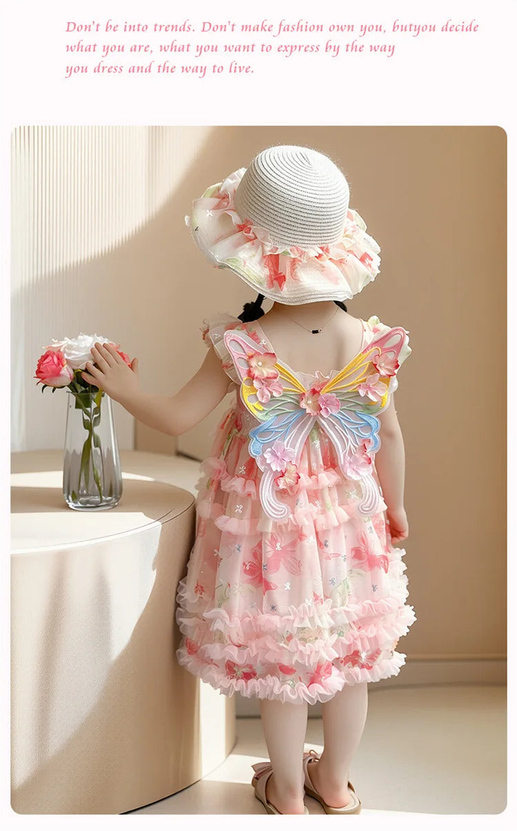 Girl Summer Mesh Dress Doll Baby  Kids Back Butterfly Flower Suspender Princess Dress Fashion Casual