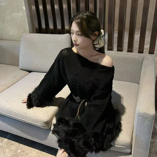Western Style Dress Women's Sports Outdoor Sweater Furry Hem