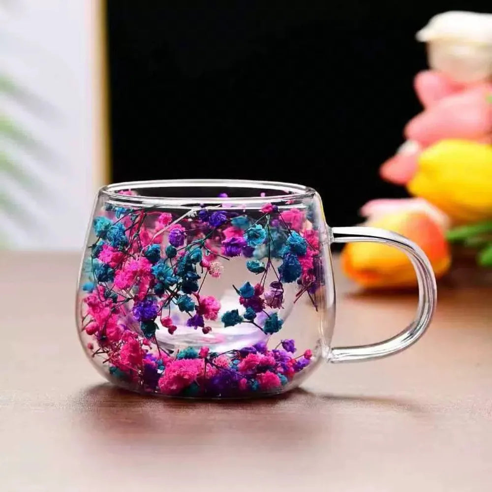 Juice Coffee Tea Cup Dried Flower Glass Cup Milk Mug with Handle Double Wall Mug Heat Resistant 150ML Clear Glass Cup Household