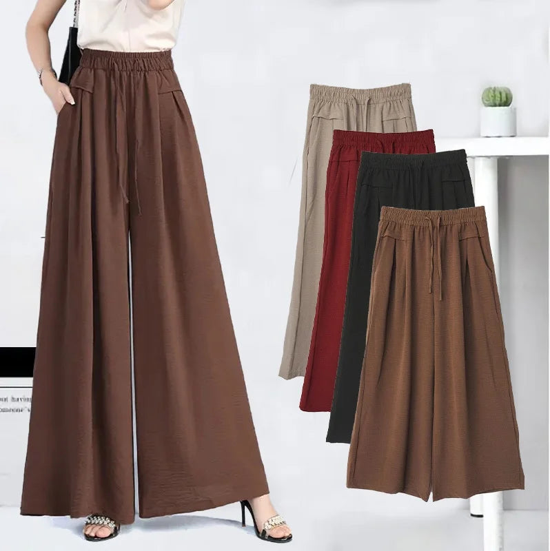 Summer Ice Silk Wide Leg Pants Women's Loose Casual Long Trousers High Waist Korean Sle Polyester Fiber Drapey Sumi Pants