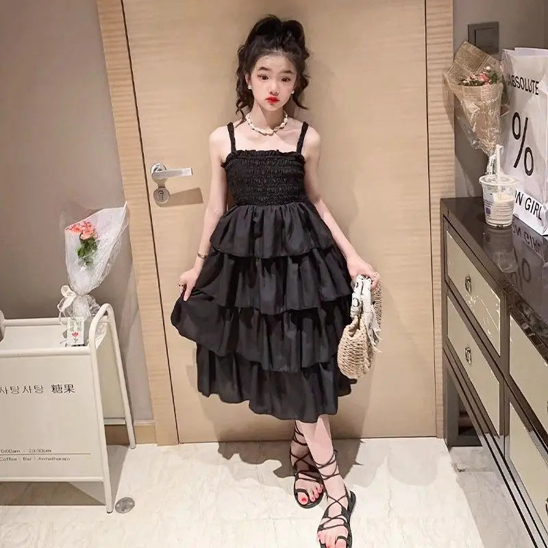 Kids Girls Summer Cake Dress  New Arrival Children Casual Multilayer Dresses Princess Sleeveless Sling Beach Rainbow Dress