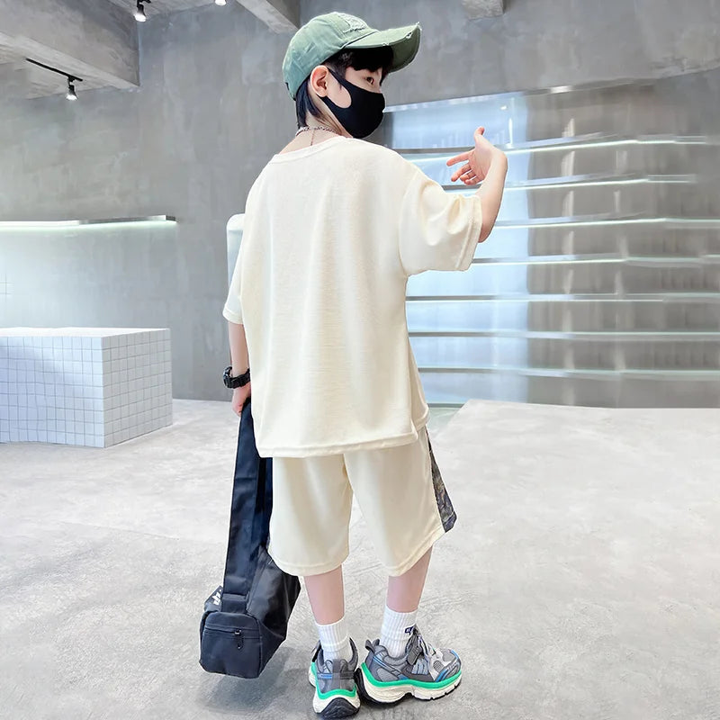 Boys Summer Suit Kids Short Sleeve T-Shirt Sports Casual Outfits for Teenage Boy Clothing Sets With Cartoon Bear