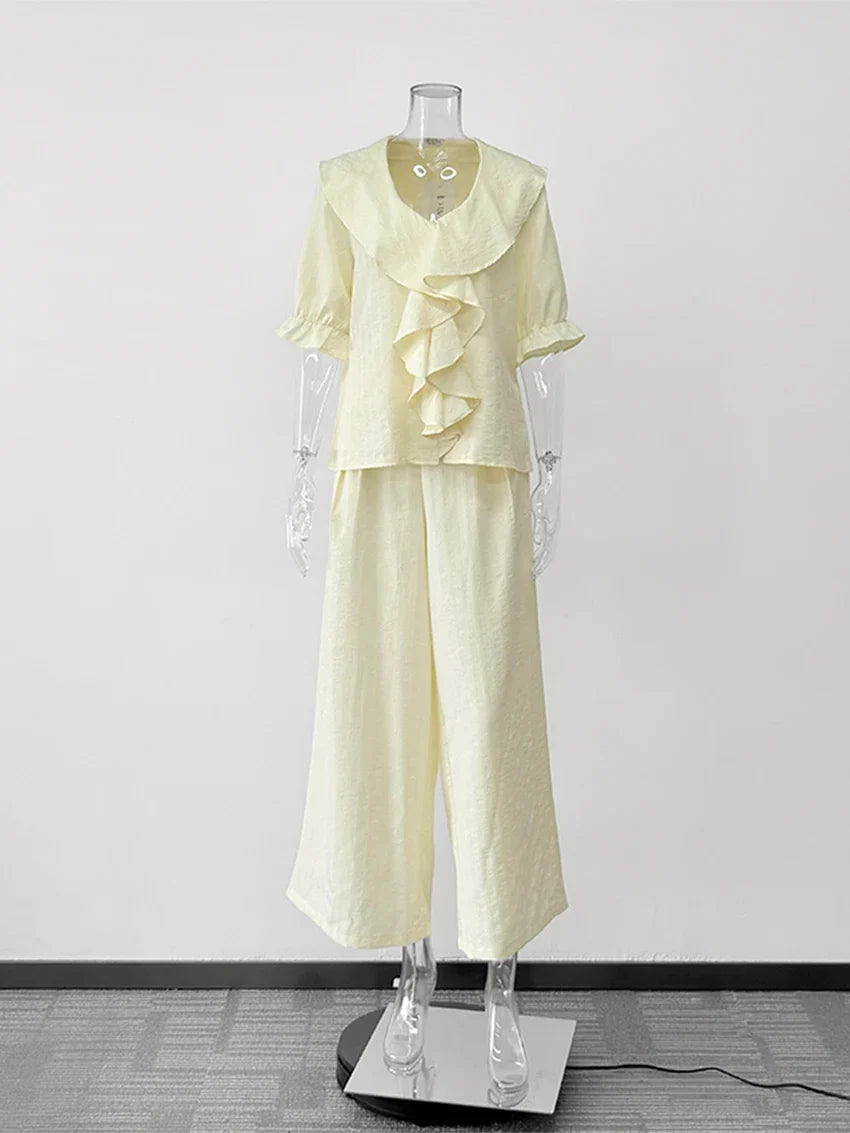 Women Linen Pajama 2 Piece Set Short Sleeve Front Ruffle Shirt PJs Pants Lounge Cute Sleepwear Casual Homewear Set
