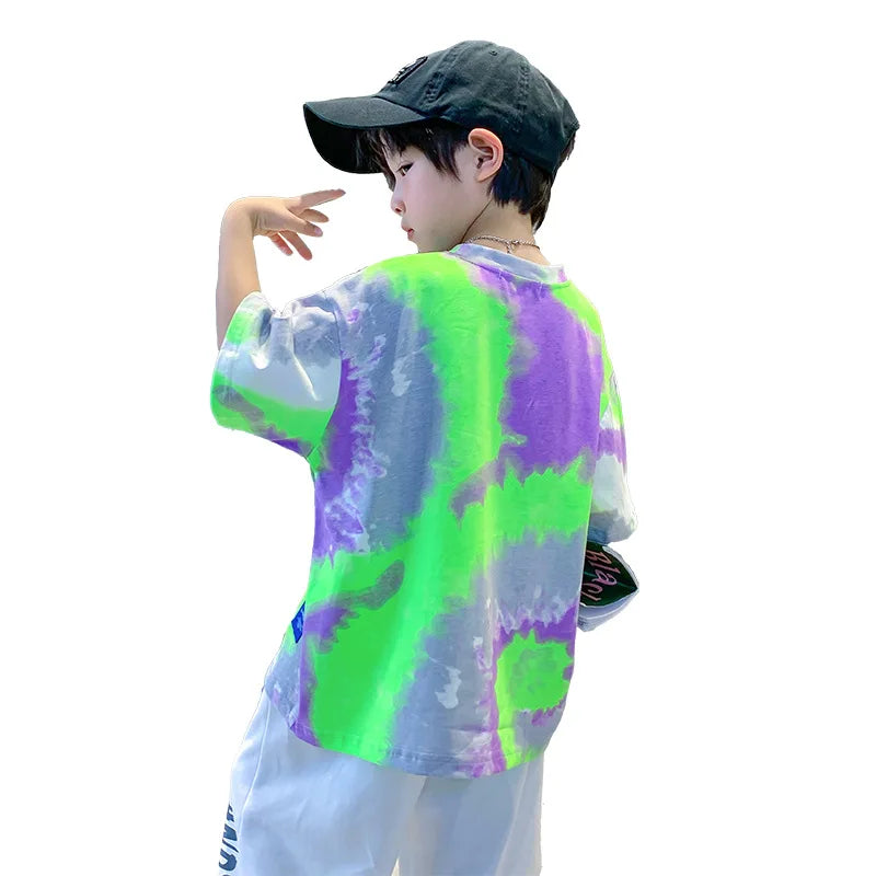 New Summer Fashion Boys T-shirts Tie-Dye Korean Short Sleeve Streetwear Boys Clothes Tshirt Top Tees