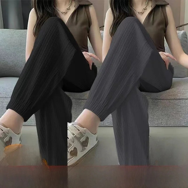 High Waist Lantern Pants Women's Loose Fit Summer Spor Casual Thin Ice Silk Drapey Two-Piece Set Commute Sle Korean Faion
