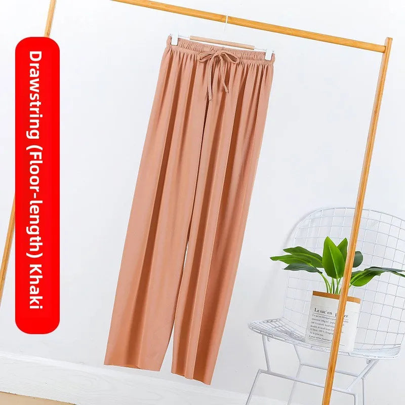 Ice Silk Wide Leg Pants Women's Summer  New High Waist Drape Loose Slimming Straight Bla Floor-Length Casual Trousers