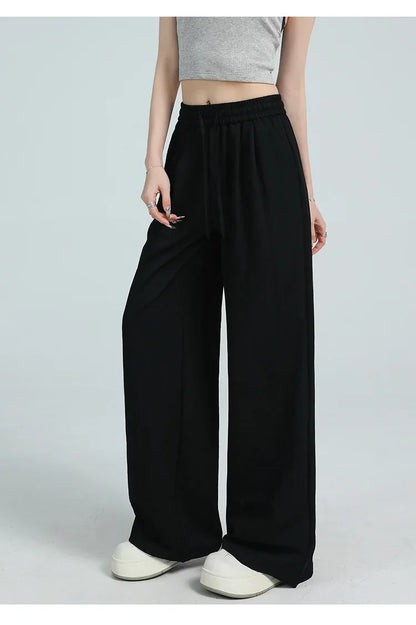 White Ice Silk Wide Leg Pants Women's Summer Thin High Waist Slimming Casual Versatile Elastic Waist Draped Straight Leg Trouser