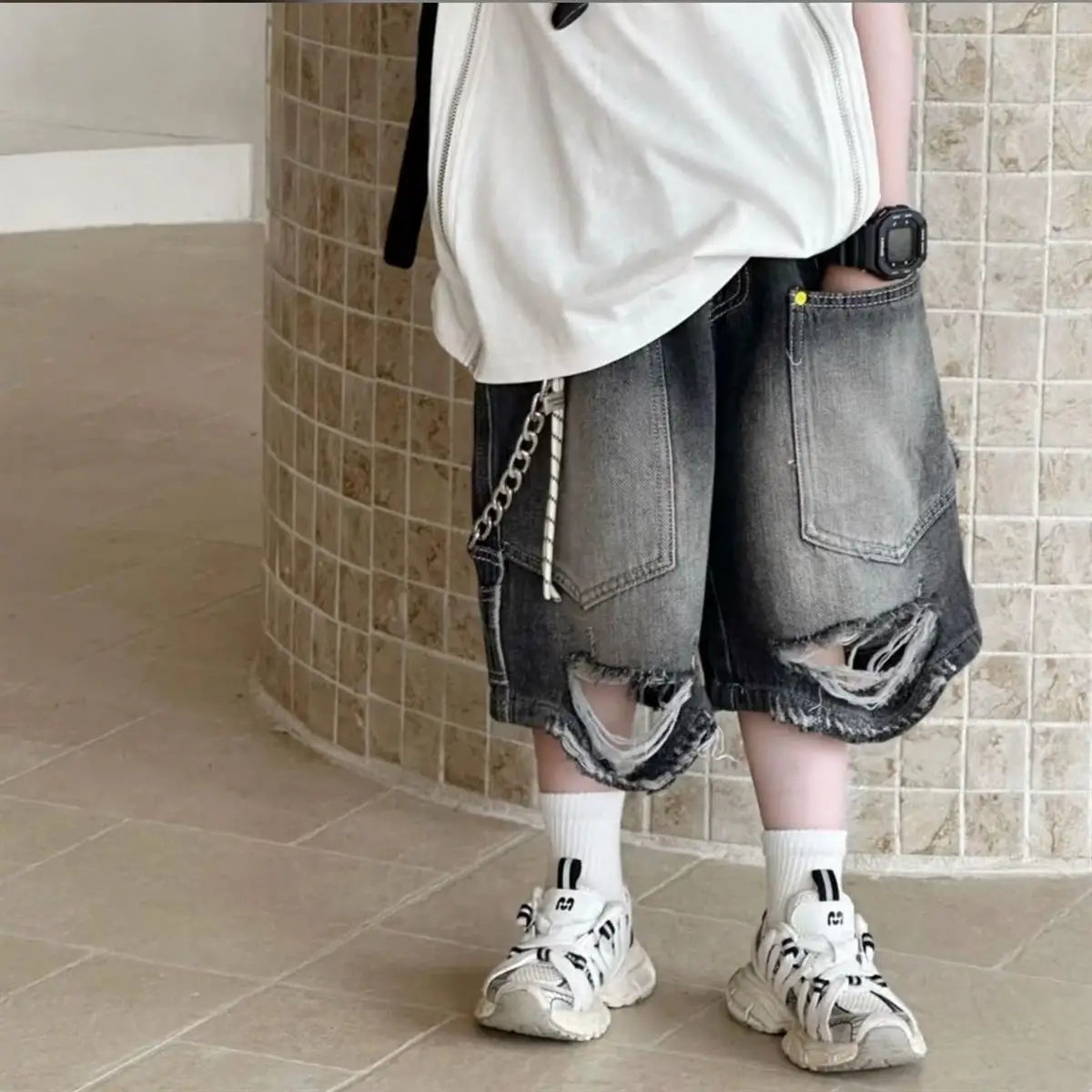 Boys' Korean Vintage Distressed Jeans 100% Cotton Streetwear Kids' Trendy Outfit