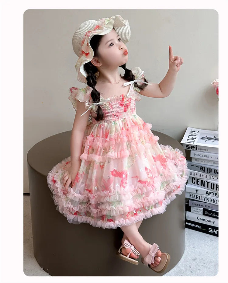 Girl Summer Mesh Dress Doll Baby  Kids Back Butterfly Flower Suspender Princess Dress Fashion Casual