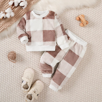 Baby Boys and Girls Winter Plush Clothing Set Long Sleeved Plaid Top+Pants 2PCS Warm Clothes Outfits for 3-24 Months Toddler Boy
