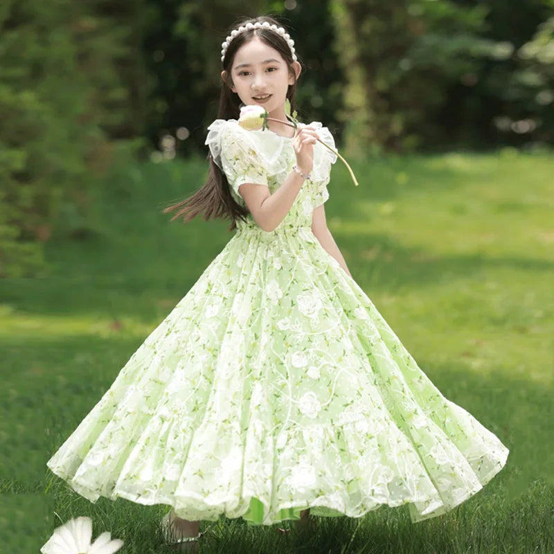 Girls Summer Dresses Children's Princess Gown Big Kids Short-sleeved Dress Teen Girls Peter Pan Collar Clothing