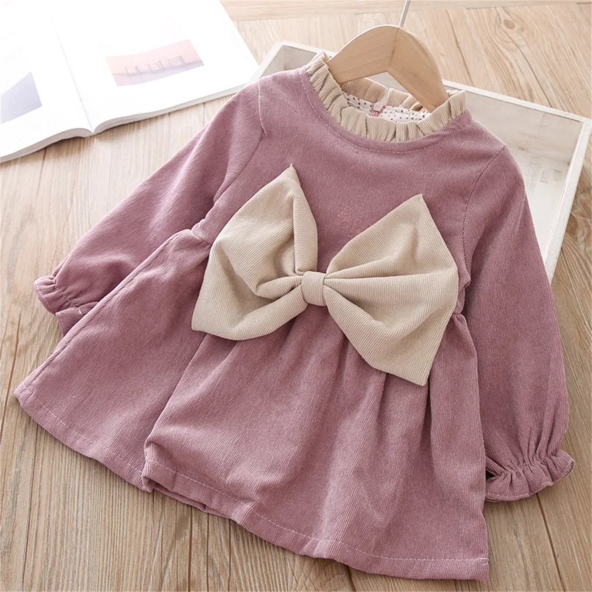 Winter Baby Girl Fleece Dress Bow Soft Standing Neck Solid Color Thickened And Warm Retro Baby Dress (Available)