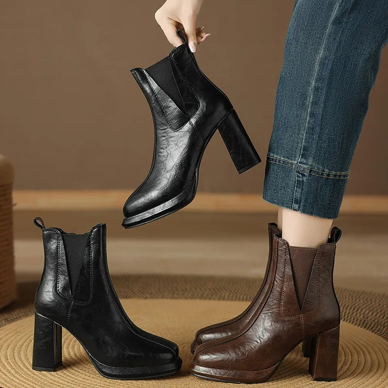 Autumn/Winter Women Boots Round Toe High Heel Shoes for Women Leather Boots Women Handemade Shoes Ankle Boots Ladies Shoes