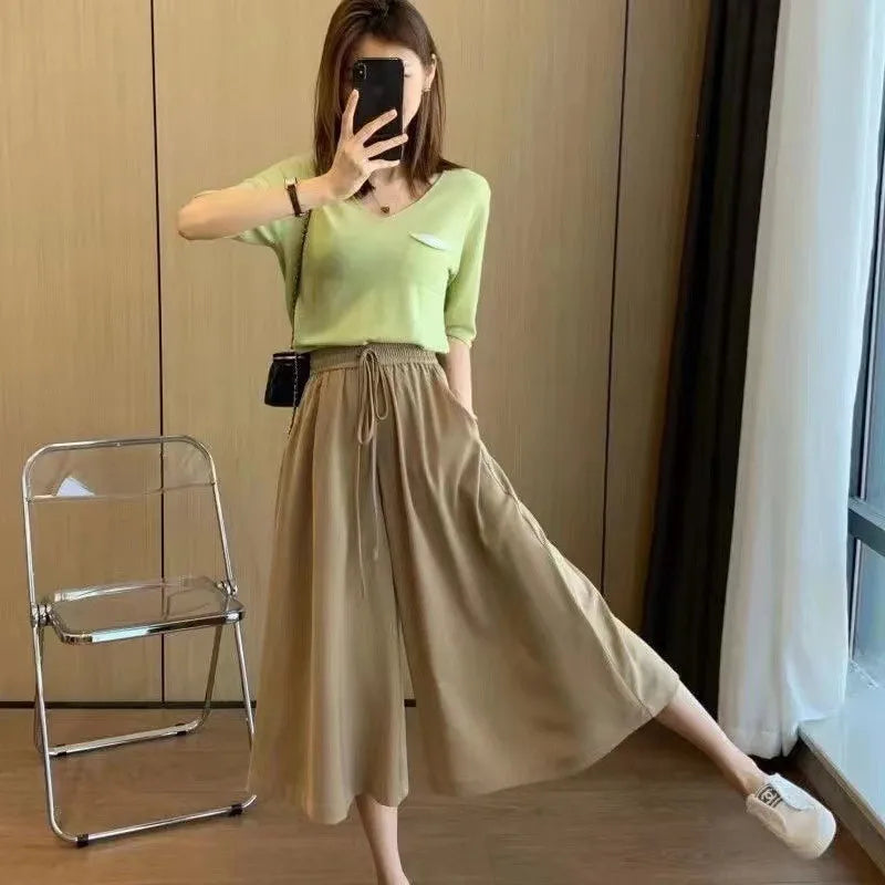Summer Ice Silk Wide Leg Pants Women's Loose Casual Long Trousers High Waist Korean Sle Polyester Fiber Drapey Sumi Pants
