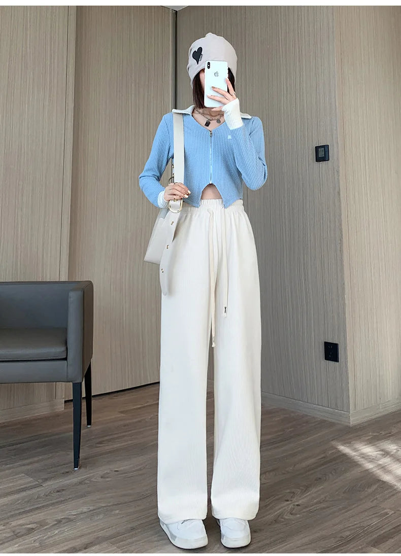 Women Wide Leg Corduroy Pants Autumn Winter Women Basic Elastic Waist Stright Long Pants Casual Female Long Pants Trousers