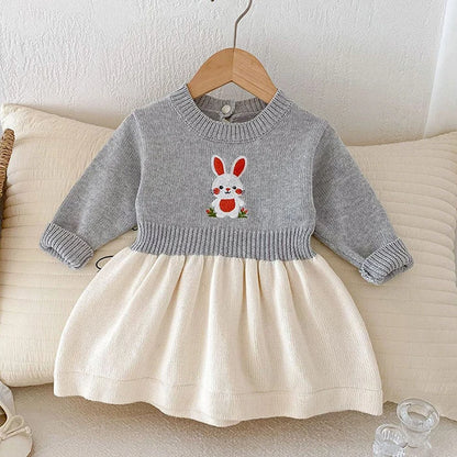 2024 New Autumn Kids Princess Dresses Long Sleeved Knitted Splicing Baby Girl Knitting Party Dress Children Knitting Clothes