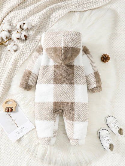 3-24 Months Newborn Baby Boy Winter Clothing Set Lattice Plush Long Sleeved Hooded Jumpsuit Fashion Cute Romper Warm Daily Wear