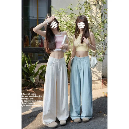 Ice Silk Drapey Wide Leg Pants Women's Summer Thin New Style Beige Color Nine Points Long Trousers Comfortable Fit Female Pants