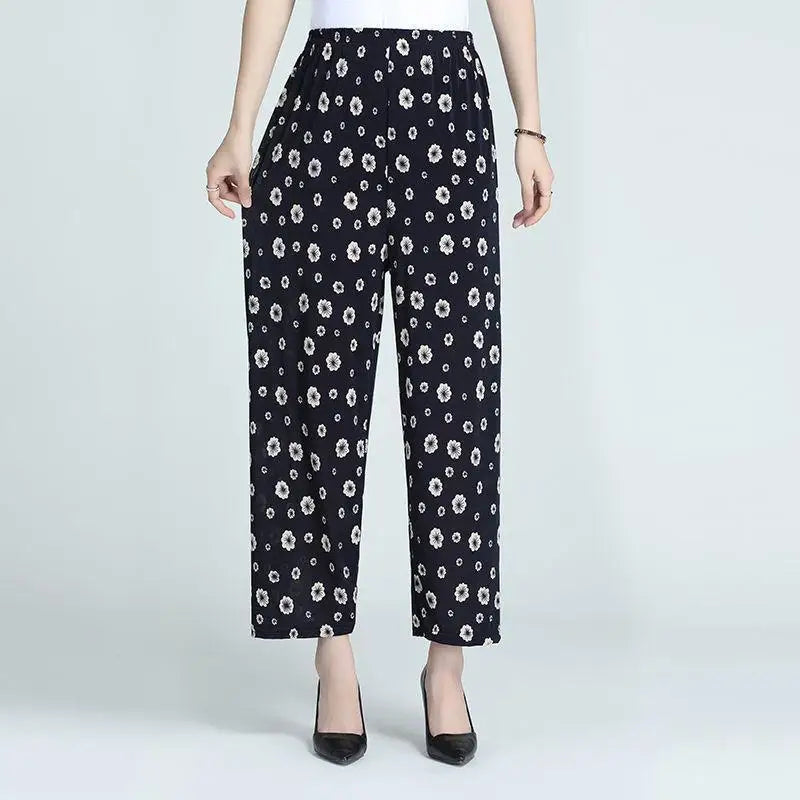 Summer Ladies Ice Silk Loose Casual Home Pants Elastic plus Size Mom Square Sports High Waist Straight Leg Length Nine Points