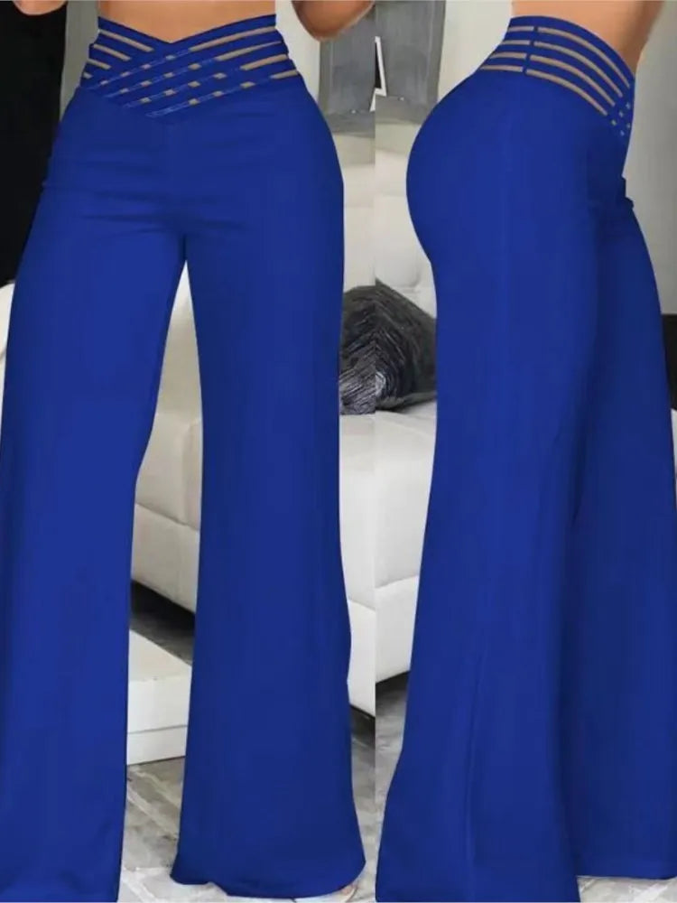 Women Wide Leg Flared Pants  Spring Casual Crisscross Sheer Mesh Patch High Waist Trousers Y2k Streetwear Elegant Work Pant