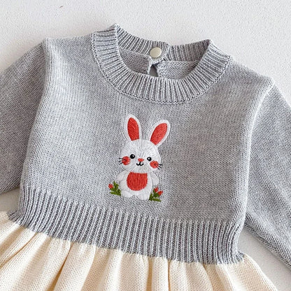 2024 New Autumn Kids Princess Dresses Long Sleeved Knitted Splicing Baby Girl Knitting Party Dress Children Knitting Clothes