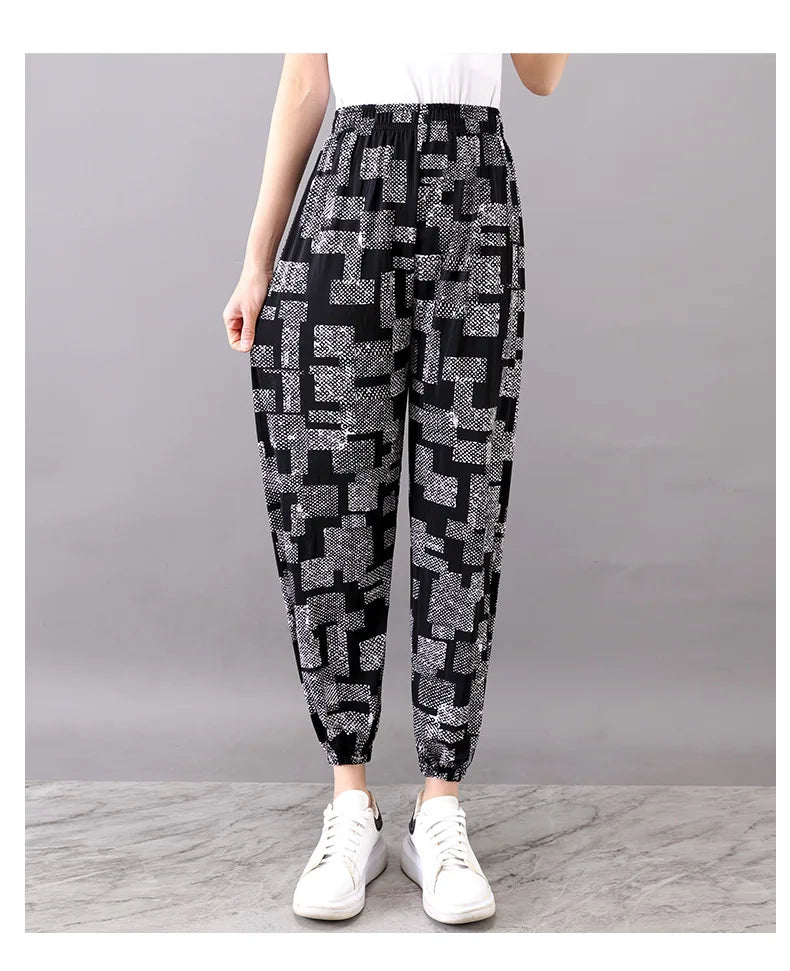 High Waist Floral Pants Straight Leg Home Leisure Women's plus Size High Elasticity Air Conditioning Pants Casual Trousers