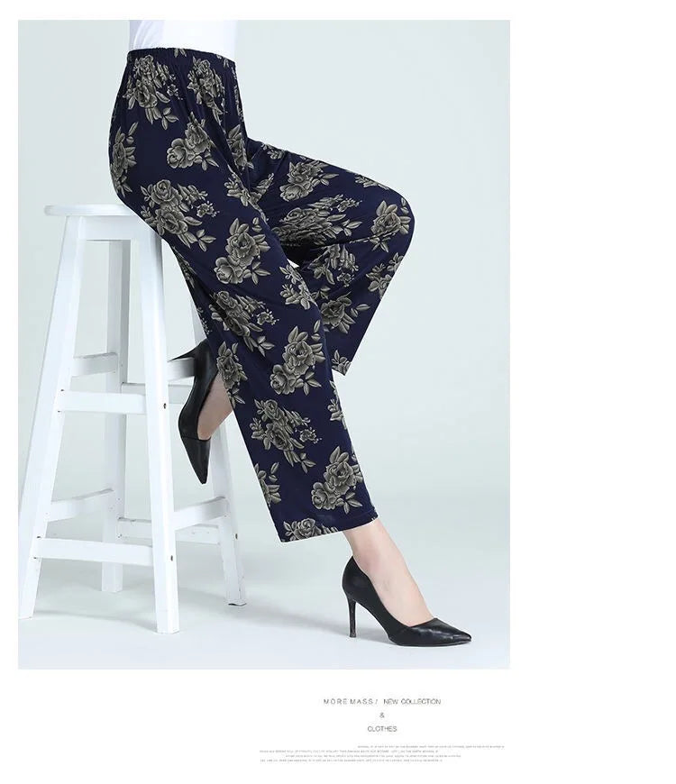 Summer Ladies Ice Silk Loose Casual Home Pants Elastic plus Size Mom Square Sports High Waist Straight Leg Length Nine Points