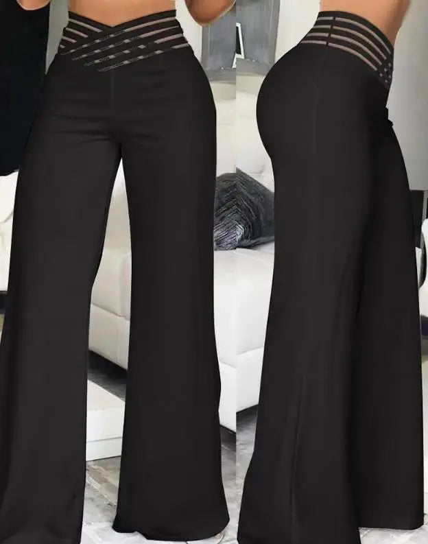 Women Wide Leg Flared Pants  Spring Casual Crisscross Sheer Mesh Patch High Waist Trousers Y2k Streetwear Elegant Work Pant