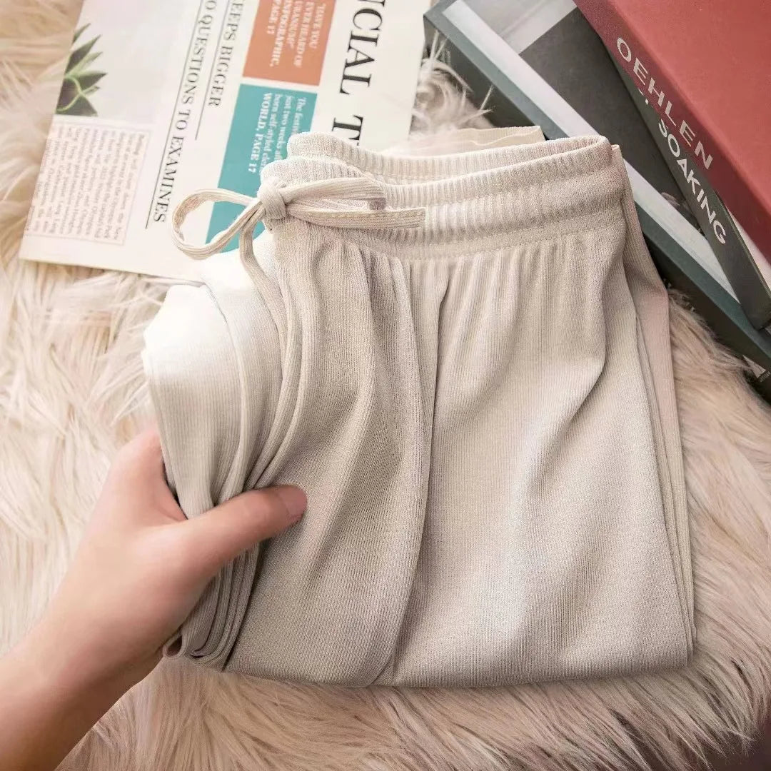 Women Pants Spring Summer Ice Silk Wide Leg Pants  High Waist Loose Straight Casual Pant Female Outdoor Black Trousers