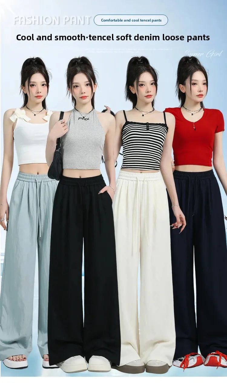 White Ice Silk Wide Leg Pants Women's Summer Thin High Waist Slimming Casual Versatile Elastic Waist Draped Straight Leg Trouser